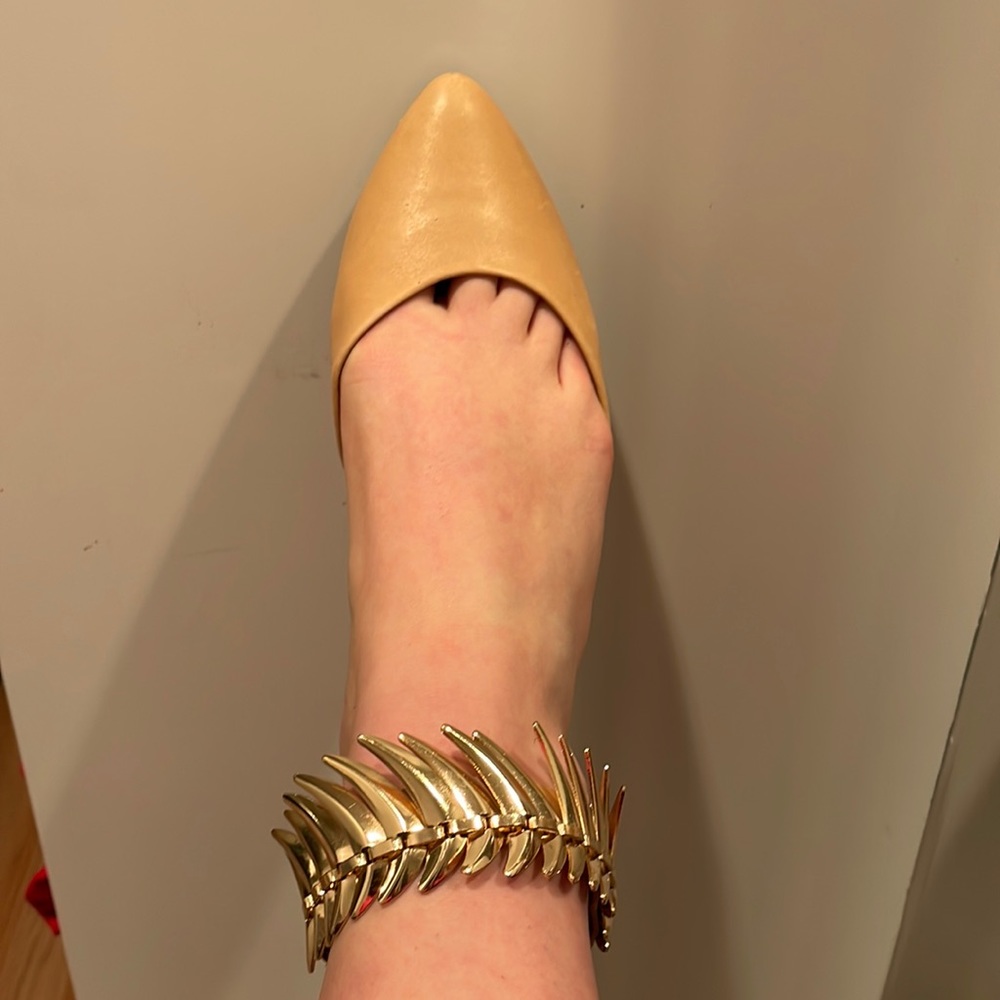 Nude Leather Pointed Flats with Gold Accent Strap Size 39
